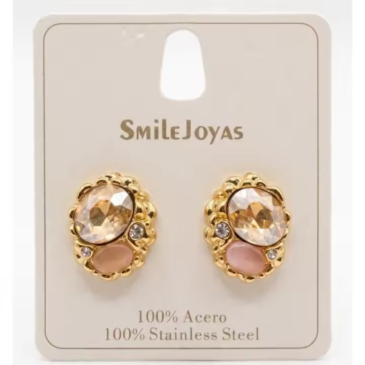 SmileJoyas/ Pendientes de Acero Inoxidable Dorados con Cristal Ovalado y Piedra Rosa - 1
