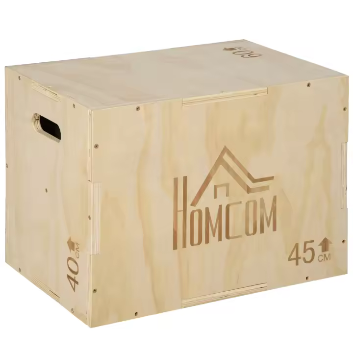 HOMCOM Caja Pliométrica de Madera 3 en 1 Caja de Salto con 2 Mango Hueco Entrenamiento de Fuerza en Casa Oficina Gimnasia CrossFit Carga 120 kg Madera Natural - 1