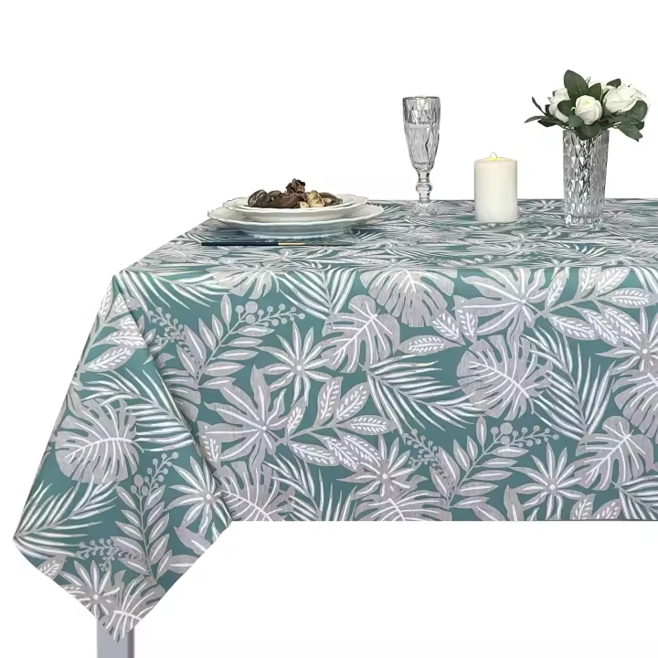 Mantel de tela rectangular, Antimanchas, Fácil de limpiar, Lavable, Impermeable, Ideal para interior y exterior, Hojas, Verde, Gris. - 1