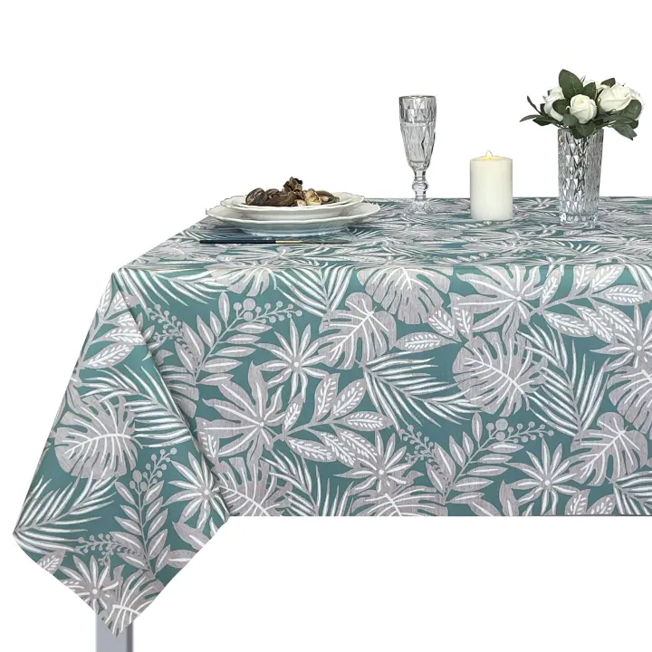 Mantel de tela rectangular, Antimanchas, Fácil de limpiar, Lavable, Impermeable, Ideal para interior y exterior, Hojas, Verde, Gris. - 1