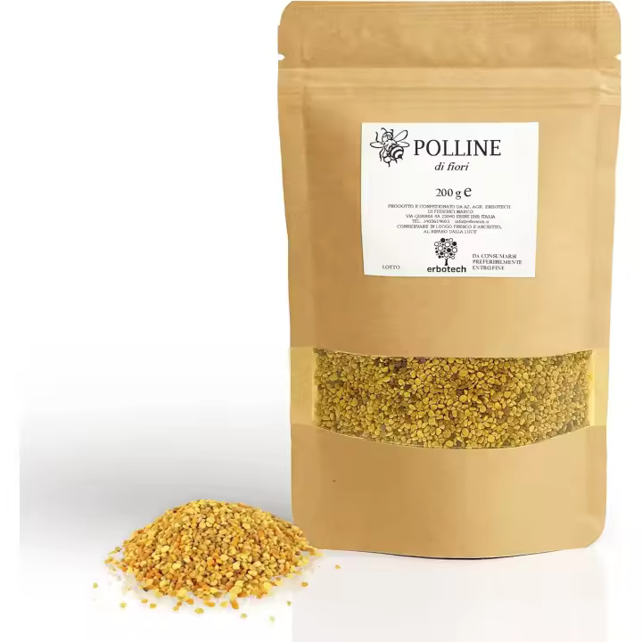 Erbotech, Polen de Abeja Seco, 200g, Suplementos Alimenticio Naturales, Polen 100% Puro, Rico en Proteínas y Vitaminas, Procesado a Bajas Temperaturas, Hecho en Italia, Bolsa Resellable - 1