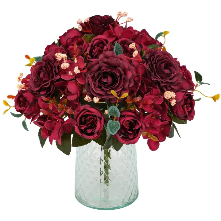 4 Ramos de peonías Artificiales, Flores primaverales Falsas, hortensias de Seda Vintage para Centros de Mesa de Boda (Borgoña) - 1
