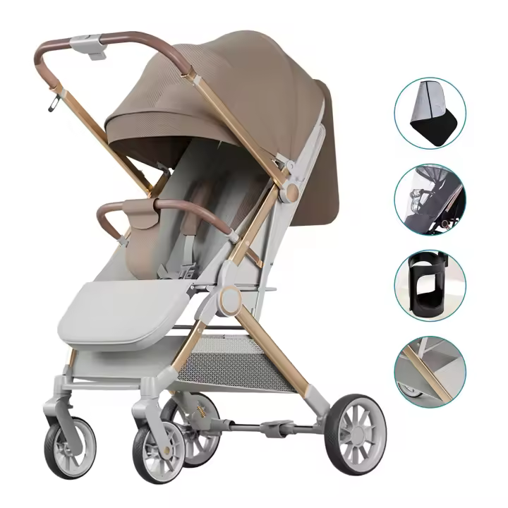 Cochecito de bebé plegable carrito de bebé Cochecito compacto: hasta 20 kg, Mango ajustable - Ruedas grandes de PU resistentes al desgaste - Bidireccional, Viene con tapete de algodón, mosquitero, portavasos y canasta de almacenamiento - 1