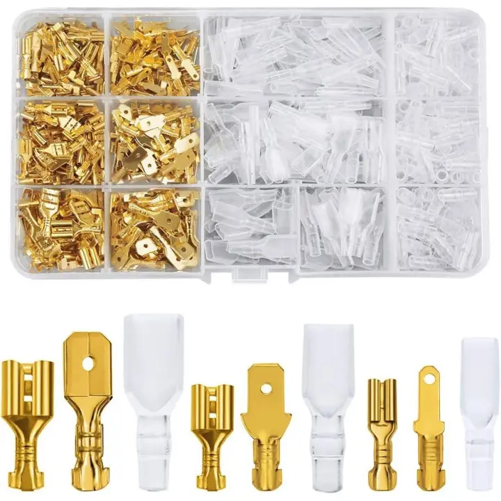 Paquete de 480 terminales de enchufe plano, 2,8 mm, 4,8 mm, 6,3 mm, macho y hembra, terminales de cable con funda de aislamiento, kit surtido (dorado) - 1