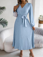 Vestido Elegante De Mujer Con Botones Y Cuello En V Manga Larga Plegado Con Cierre De Lazo Estilo Casual A-Line Para Primavera/Otoño - details 1