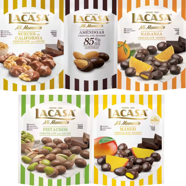 Lacasa Mi Momento pack de 5:Almendra 85% 65G,Nueces Leche 115G,Naranja choco Negro 125G,Pistacho Leche 100G,Mango choco Negro 115G - 1