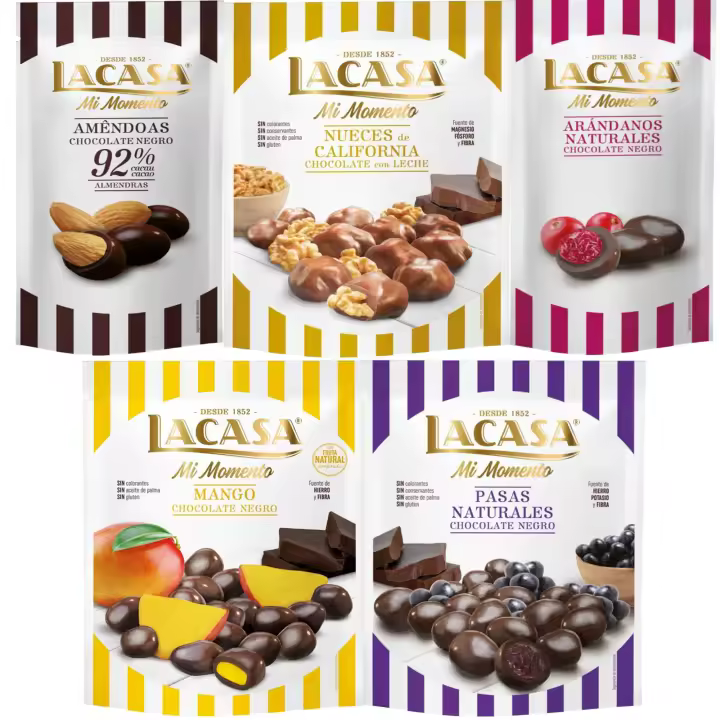Lacasa Mi Momento pack de 5:Arándano Chocolate Negro ,Almendra 92% ,Nueces Chocolate Leche ,Pasas Chocolate Negro ,Mango Chocolate Negro - 1