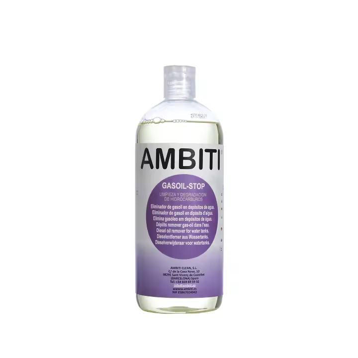 Ambiti  Gasoil Stop  Limpieza y Degradación de Hidrocarburos  Eliminador de Gasoil en Depositos de Agua  Elimina Malos Olores y Sabores de Gasoil  Envase de 1L - 1