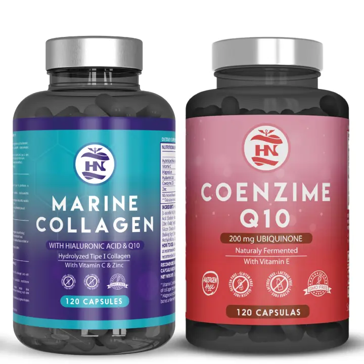 HN - Healthy Nutrition, Colágeno Marino Hidrolizado Puro con Ácido Hialuronico, Vitamina C - Coenzima Q10   Coenzima Q10 200mg antioxidante natural que protege las células de la piel del daño causado por los radicales libres - 120 Caps cada producto - 1