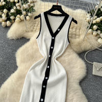 Vestido Largo Sin Mangas De Verano Para Mujer REALEFT V-neck Cintura Imperio Slim Alineado Hasta La Cintura De Poliéster - details 18