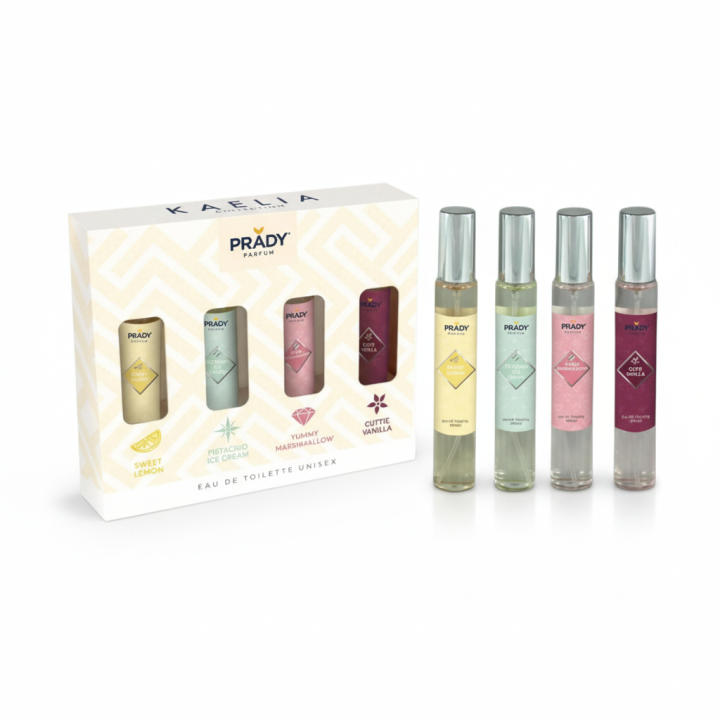 Estuche femenino Discovery Kaelia de Prady, set con 4 perfumes de 33 ml cada uno, aromas variados para diferentes momentos del día. Ideal para probar, alternar fragancias o regalar. Presentado en estuche original. 🚚 Envíos a España 24/48 horas.