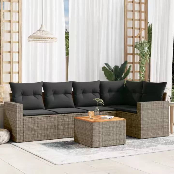 vidaXL Set de muebles de jardín 6 pzas y cojines ratán sintético gris - 1