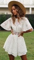 Vestido Blanco De Verano Casual Con Bordado Floral Vestido Mini Sin Espalda Vestido De Fiesta Poliéster A-Line O-Neck Manga Flare - details 14