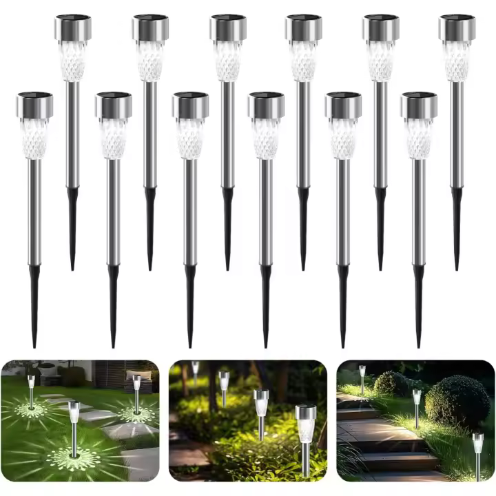 Luces solares para jardín 12 piezas Luces solares para jardín/paisaje IP44 Luces LED impermeables para exteriores para jardín, luces solares para césped de acero inoxidable para pasillo, césped, terraza - 1