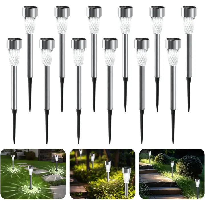 Luces solares para jardín 12 piezas Luces solares para jardín/paisaje IP44 Luces LED impermeables para exteriores para jardín, luces solares para césped de acero inoxidable para pasillo, césped, terraza - 1