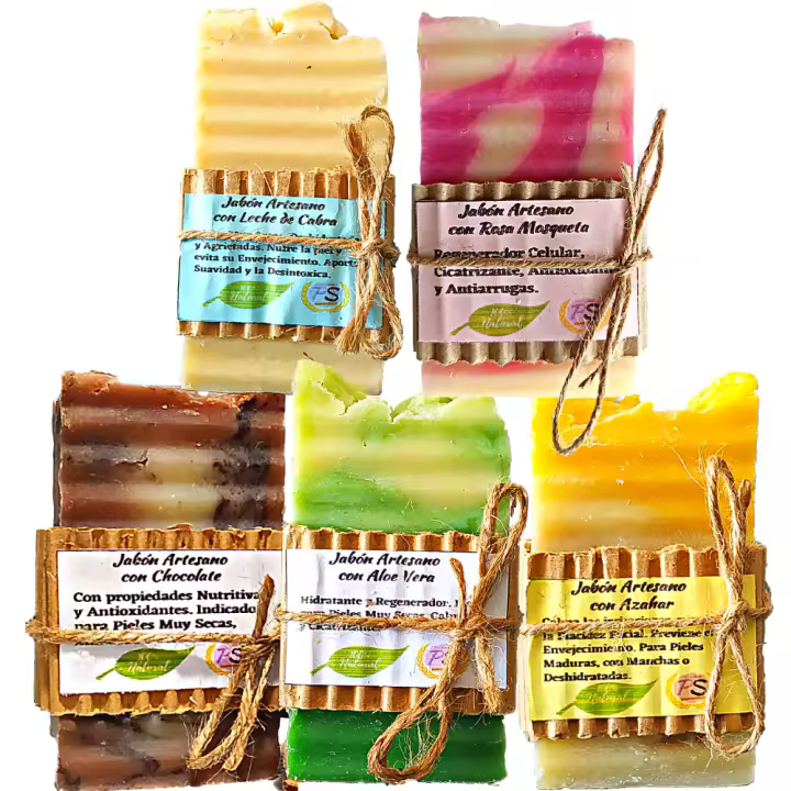 5 Jabones Artesanos Naturales Antiarrugas. PumarShop Cinnia Natura. Pack Ahorro. Jabón Aloe Vera, Jabón Leche de Cabra, Jabón de Azahar, Jabón de Rosa Mosqueta y Jabón de Chocolate.🛑[en caso de falta de stock de alguno, se sustituirá por otro similar] - 1