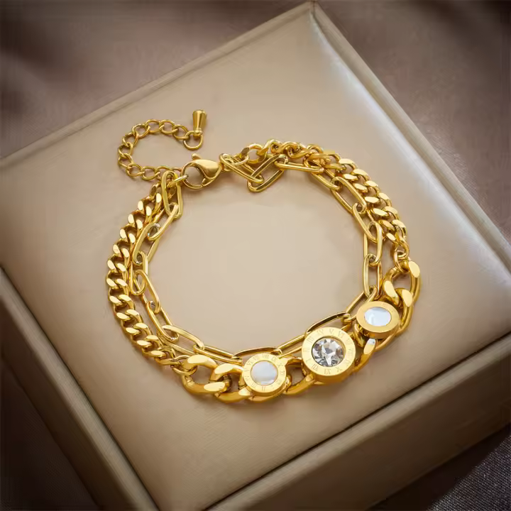 Pulsera De Acero Inoxidable 316L Con Numeros Romanos Y Zirconia Para Mujeres Y Niñas Pulsera De Cadena Multicapa Joyería De Muñeca Regalos Para Cumpleaños - 1