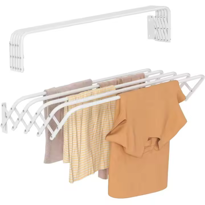 Tendedero Extensible Pared 60/80/100/120cm, Tendedero Plegable de Pared de Interior o Exterior de Acero Blanco, Tendedero Extensible de 5 barras. - 1