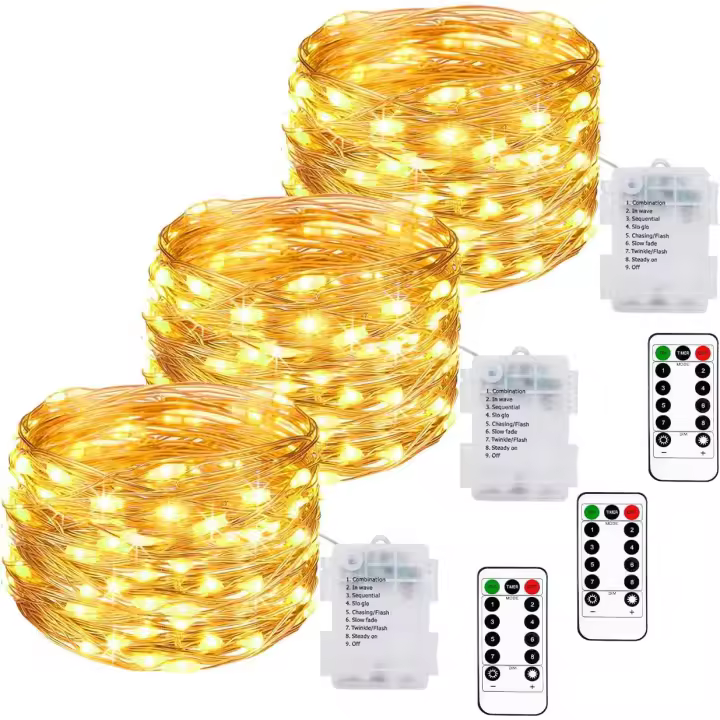 [Paquete de 3] Cadena de luces a batería, 10 m, 100 LED, cadena de luces LED a batería con control remoto, 8 modos, función de temporizador, IP65, resistente al agua, cable de luz para decoración interior y exterior, dormitorio, Navidad, boda, jardín - 1