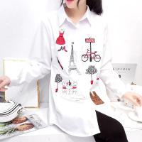 Camisa De Mujer Estilo Coreano Con Estampado De Torre De Hierro Hierro Primavera Blanca Cuello En V Manga Larga Casual - details 8