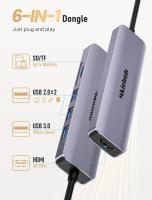 Hub USB C para MacBook Air/Pro, adaptador multipuerto USB C 6 en 1, adaptador USB-C con salida HDMI 4K, puerto USB 3.0, lector de tarjetas TF/SD para Dell, XP, HP, Surface y más dispositivos tipo C - details 0