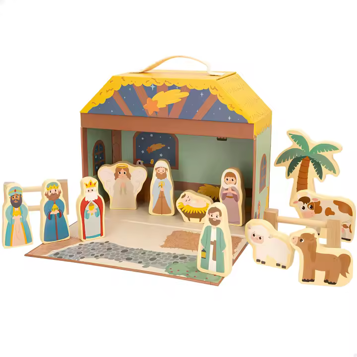 WOOMAX - Portal de Belén de madera infantil, 15 piezas, Impresión a doble cara, Fácil de montar y desmontar, Nacimiento Navidad, Pesebre, Figuras Reyes Magos, Para niños +3 años, Decoración navideña - 1