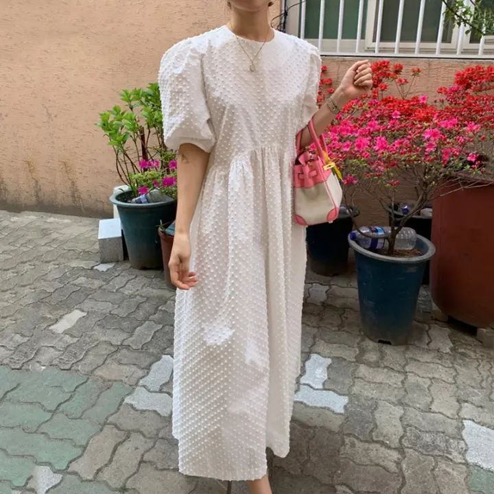Vestido Largo Elegante Blanca Para Mujer Verano Casual Cuello Redondo Manga Flotante Puntos Vestido Suave Chiffon Sin Aros - 1