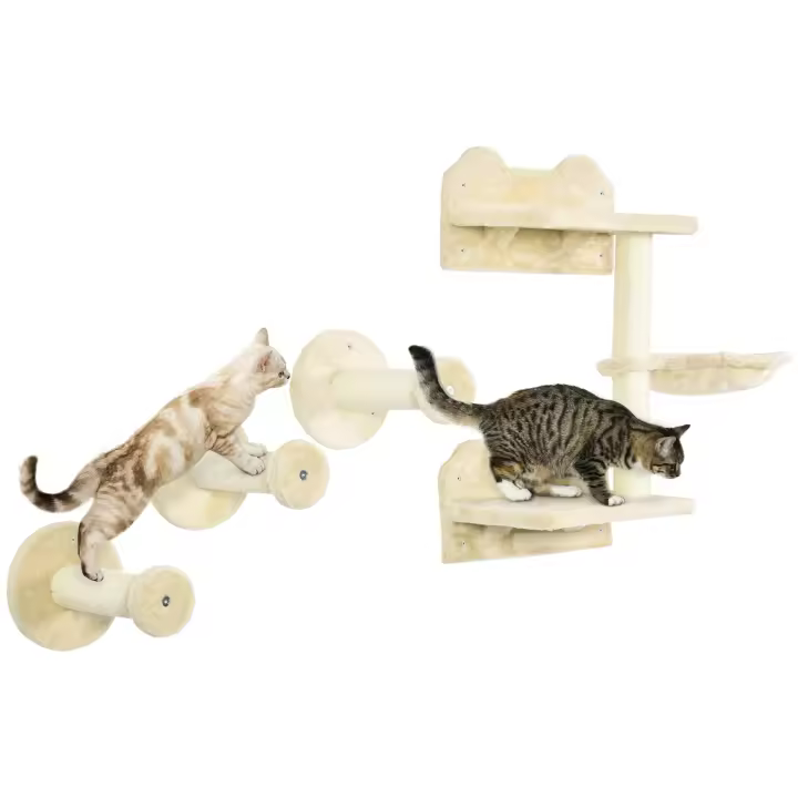 PawHut Juego de Estanterías para Gatos de 4 Piezas Rascador de Pared para Gatos con 3 Postes de Sisal Hamaca y 1 Plataforma para Saltar de 3 Niveles - 1