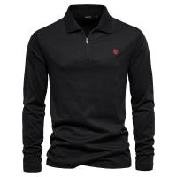 Otoño e Invierno nueva camisa POLO de manga larga bordada casual de color sólido top cremallera solapa polo de algodón puro - details 4