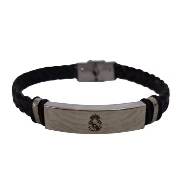 Pulsera ajustable de cuero y acero equipo de futbol R. Madrid - Opción de nombre grabado - Presentada en caja - Regalo para mujer hombre o niño - 1