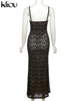 Vestido Maxi De Malla Kliou Para Mujer Elegante Con Tirantes Y Corte Hollow out Ajustado Alta Calle Trendy Ropa De Fiesta - details 6