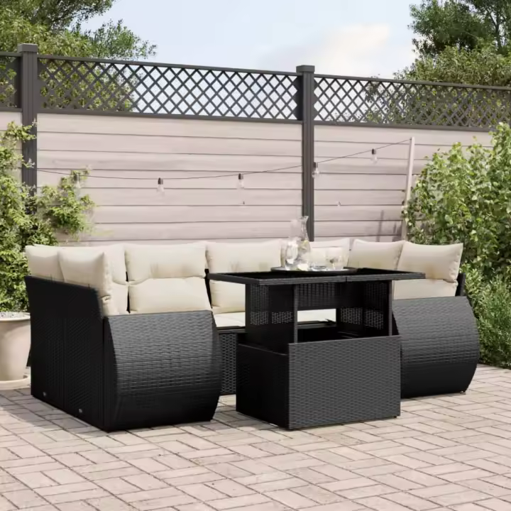 vidaXL Set de sofás de jardín 7 pzas con cojines ratán sintético negro - 1