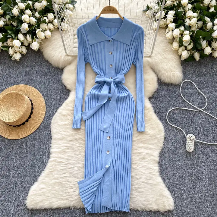 Vestido De Punto Para Mujer REALEFT Otoño Invierno Con Cinturón Cuello Polo De Mano Sola Manga Larga Ajuste Cintura Alta Vestido De Trabajo - 1