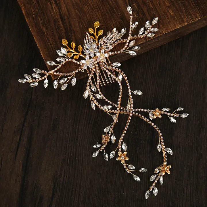 Diadema De Boda Lujo Con Flor Y Cadena Larga De Strass Dorado Y Plata Adorno De Cabello Para Mujer Joyería De Novia Cristal - 1