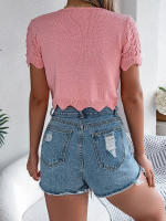 Cardigan De Punto Para Mujer Verano Otoño Ligero De Visón Manga Corta Cuello Redondo Estilo Casual Color Sólido Con Agujeros - details 7