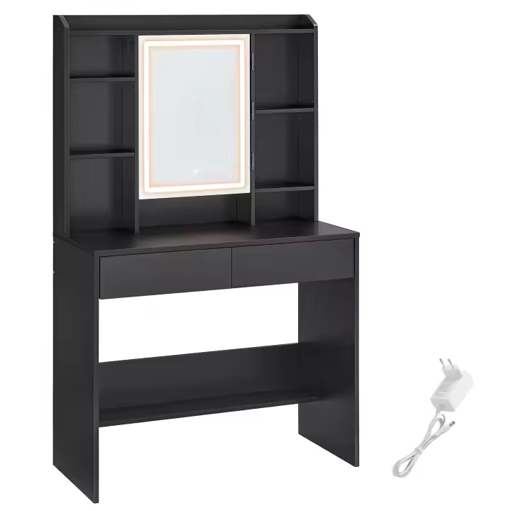 VASAGLE Tocador con Luces LED de 3 Colores con Brillo Ajustable, Mesa de Maquillaje con Espejo, Espacioso, Estantes Ajustables, 2 Cajones, Mesa de Maquillaje, Estilo Moderno, Negro Tinta/Blanco Nube(Este producto se envía en dos paquetes) - 1
