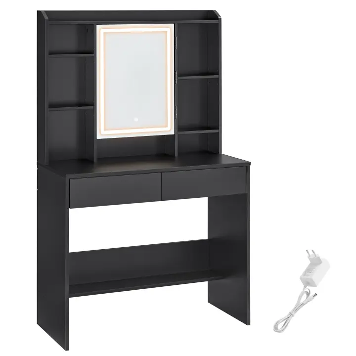VASAGLE Tocador con Luces LED de 3 Colores con Brillo Ajustable, Mesa de Maquillaje con Espejo, Espacioso, Estantes Ajustables, 2 Cajones, Mesa de Maquillaje, Estilo Moderno, Negro Tinta/Blanco Nube(Este producto se envía en dos paquetes) - 1