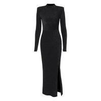 Vestido Largo Elegante De Mujer Otoño 2025 Cuello Redondo Brillo Seda Manga Larga Slim Wrap Abertura En La Cadera Estilo Básico - details 16
