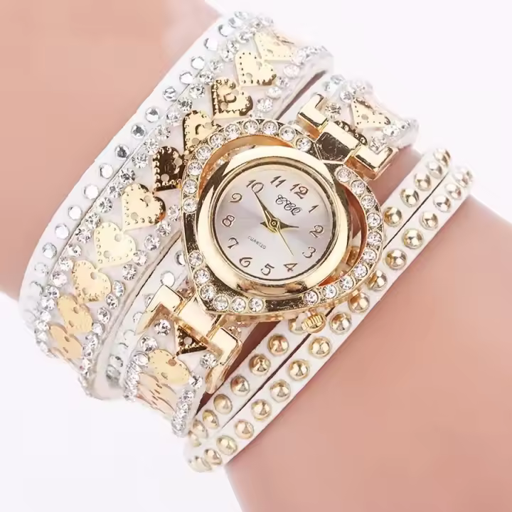 Reloj De Mujer De Lujo Retro Con Diamantes Y Correa Larga De Piel Corazón De Melocotón Reloj De Cuarzo Con Dial De Vidrio Resistente Al Agua - 1
