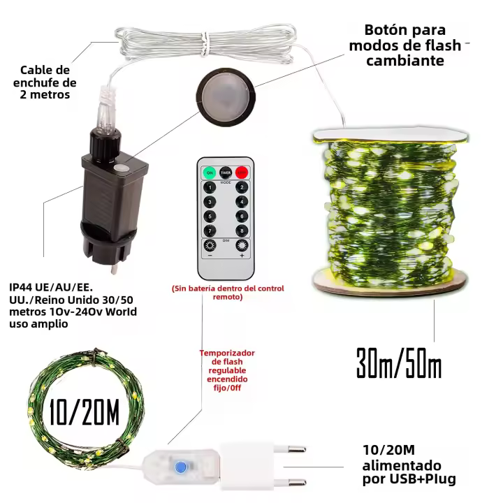 Luces De Cadena De Navidad Impermeables Con Control Remoto 500/2000 LED Para Decoración De Exterior Árbol Fiesta Matrimonio - 1