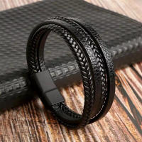 Pulsera De Cuero PU Marrón Para Hombres Con Cuatro Capas Mostrando El Encanto Masculino Pulsera De Moda Sin Metálicos Producida En Zhejiang China - details 1