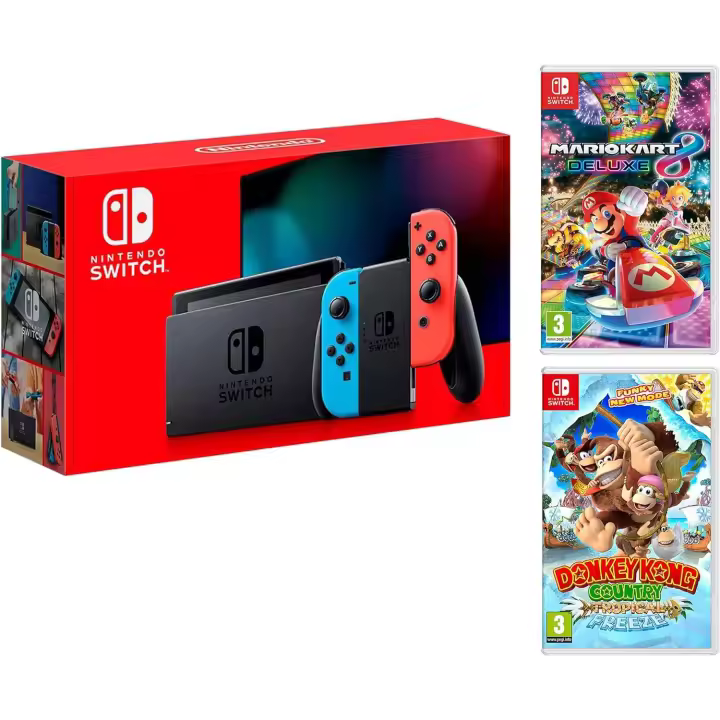 Nintendo Switch Rojo/Azul Neón V2 Consola Pack + Juego Mario Kart 8 Deluxe + Juego Donkey Kong: Tropical Freeze - 1