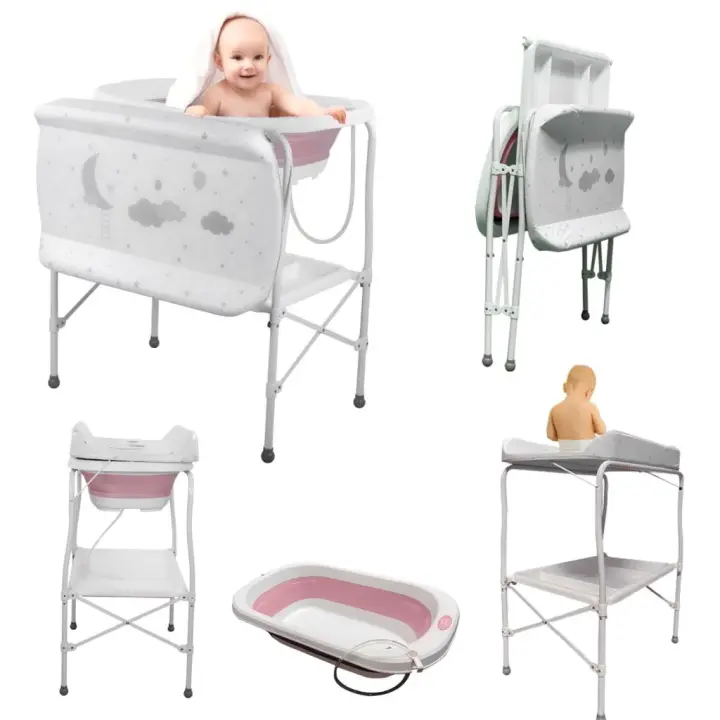 BATHBY | Bañera bebé con patas Multifuncional 5en 1: Plegable con Soporte, Cambiador, Bandejas Organizadoras, Desagüe con Tubo y Soporte para Ducha (Rosa Standard) - 1