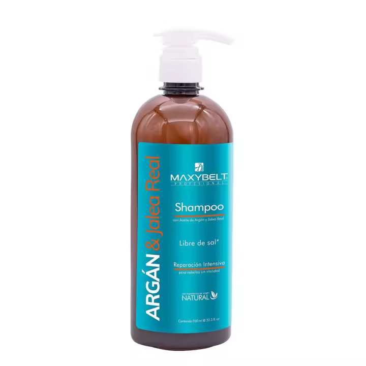 Maxybelt Profesional Champú con Aceite de Argán y jalea Real  950ml - Nutre y Repara. Especialmente diseñado para cabellos sin vitalidad, sin brillo y sedosidad. Ingredientes de origen natural, Libre de sal y sulfatos. Para pelo débil. Para pelo seco. - 1