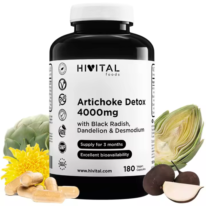 Alcachofa Detox 4000 mg. 180 cápsulas veganas para 3 meses de tratamiento. Con Alcachofa, Rábano Negro, Diente de León y Desmodium. Diurético que detoxifica el hígado y riñones, y mejora la digestión. Hivital - 1