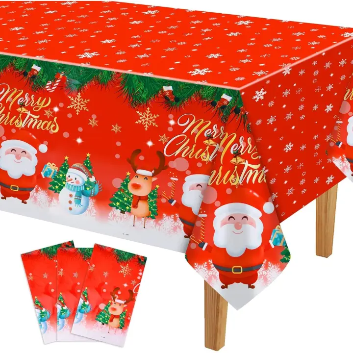 manteles navideños de plástico con forma de copo de nieve y muñeco de nieve, 137 x 274 cm - 1