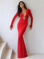 Vestido Largo Elegante Para Mujer Kliou Metálico Con Cuello Bajo Y Manga Larga Estilo Clásico Ajustado Alta Calle Moda Festival - details 17