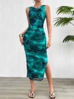 Vestido Slimming Sin Mangas Estampado De Moda Para Mujer Primavera Verano 2024 Cuello Redondo Con Rotura A-Line De Pierna Larga Estilo Playa - details 17