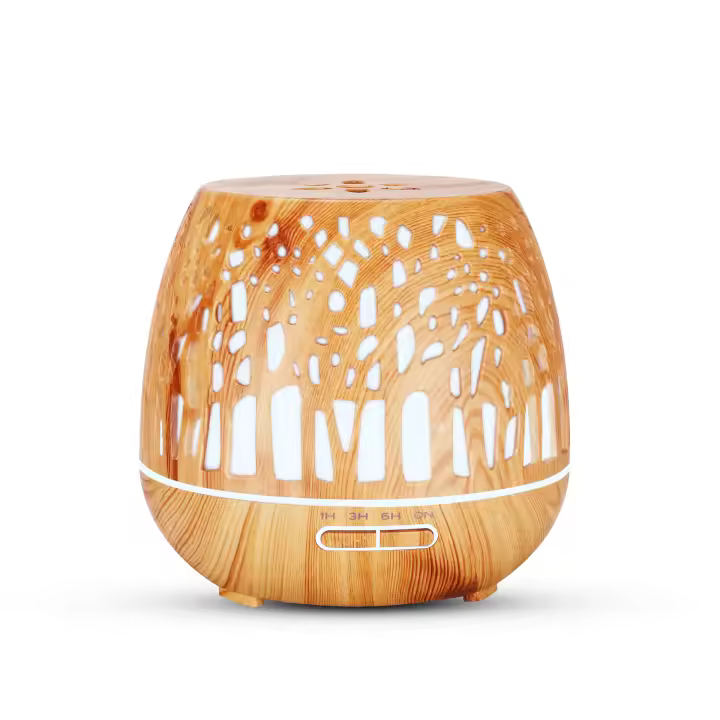 Humidificador Ultrasónico y Difusor de Aroma 400ml, atomizador de Fragancia ultrasónico LED con Control Remoto-Bosque Tallado, MarrónClaro - 1