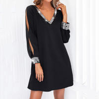 Vestido Largo De Encaje Brillante Para Mujer Con Manga Completa Y Cuello En V Color Sólido Elegante Para Noche Y Fiesta Vestido De Midi - details 6